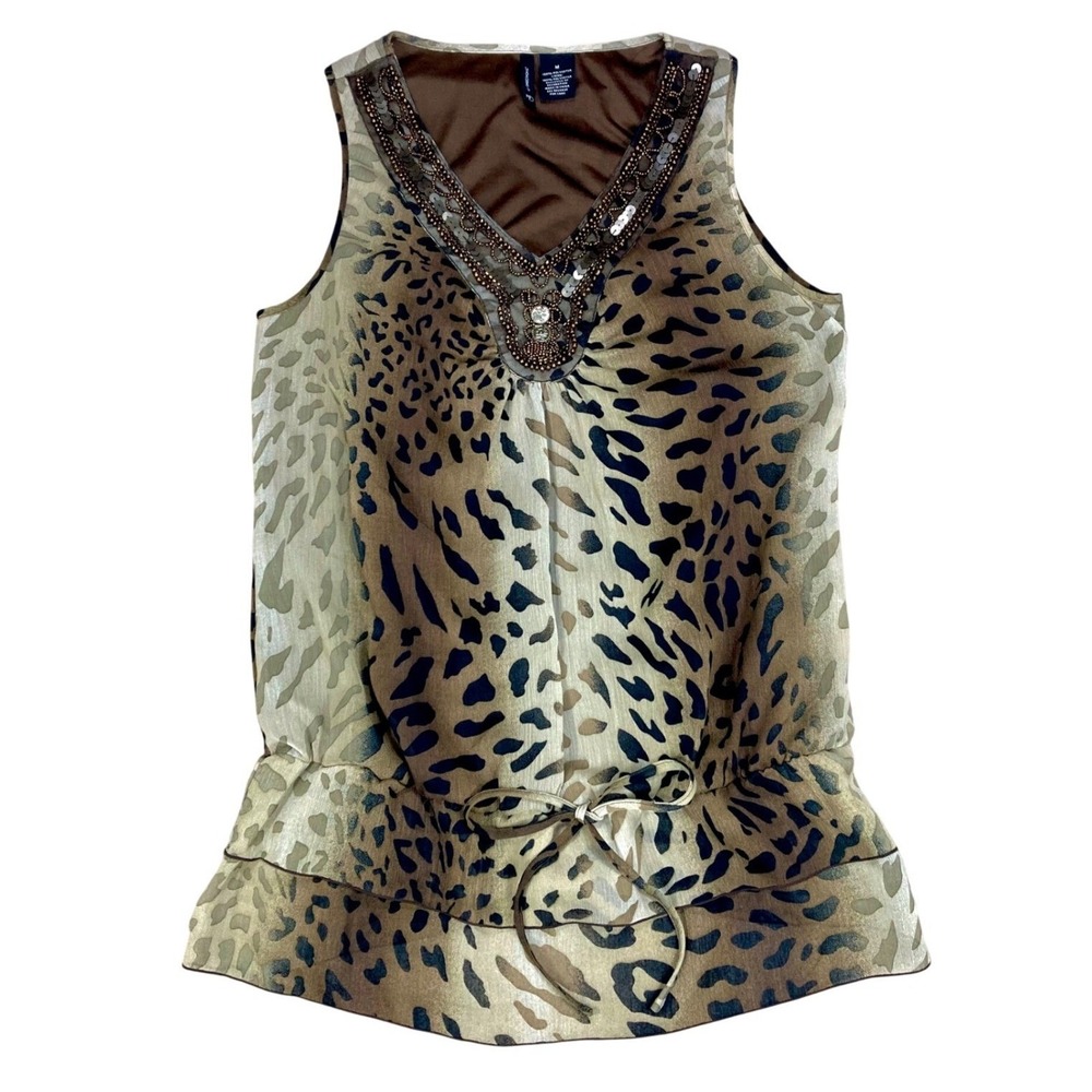 New Directions Leopard Print Chiffon Blouse Womens M Brown Embellished Evening